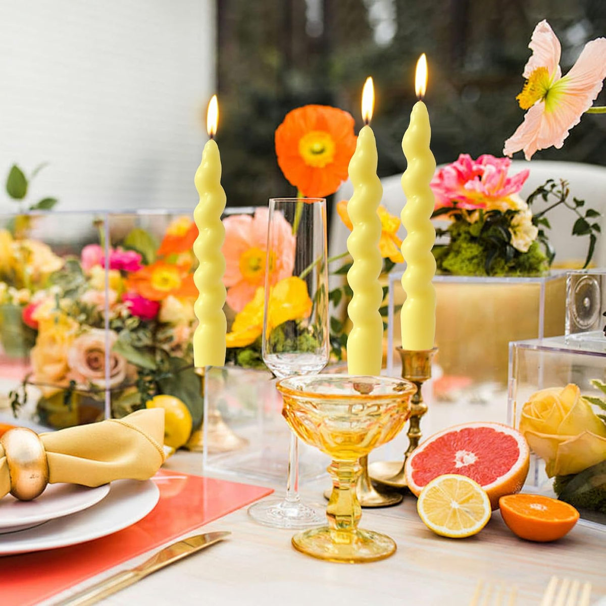 4 Pack 7 Inch Yellow Spiral Taper Candles, Unscented Dripless Fat Twisted Candlesticks for Home Décor Party and Celebrations