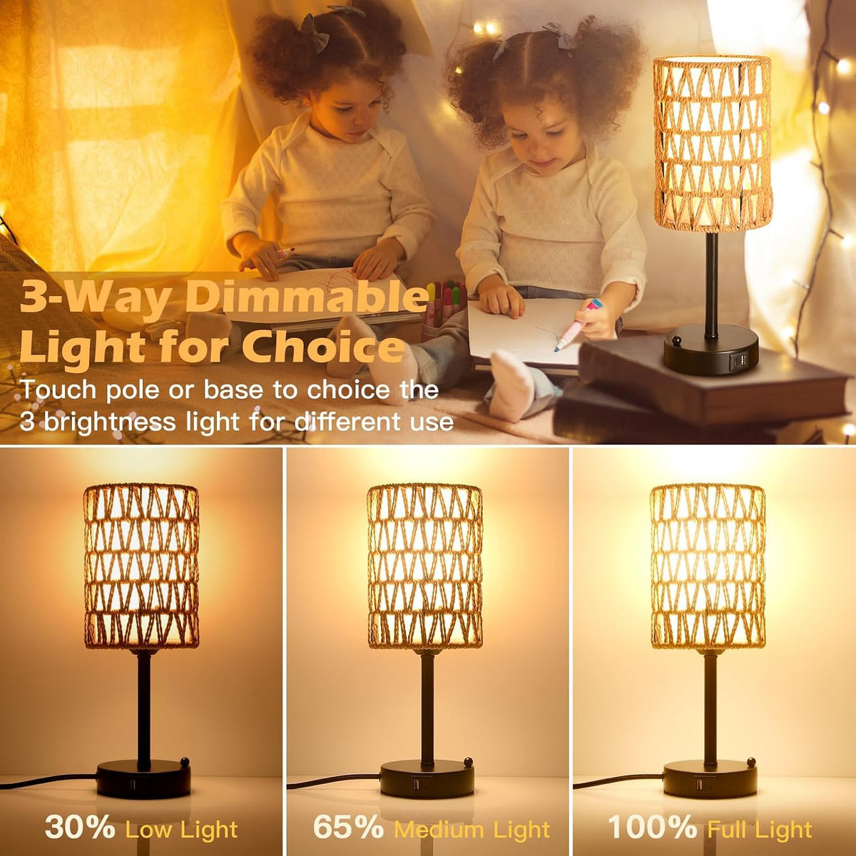 Rattan Table Lamps for Living Room, 3 Way Dimmable Touch Lamps, Small Bedside Lamps with LED Bulbs, Phone Stand, USB Ports and AC Outlet, Boho Nightstand Lamp for Kids Room, Bedroom, Office (1 Pack)