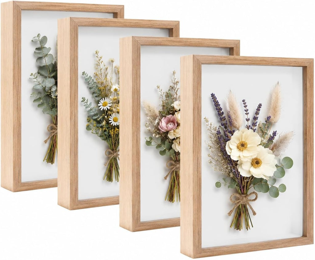 4 Pack Shadow Box Frame Display Cases, 8"x 10" Wood Deep Black Handicrafts Shadowbox Picture Frame for Flowers Jersey Baby Wedding Dress (Burlywood)