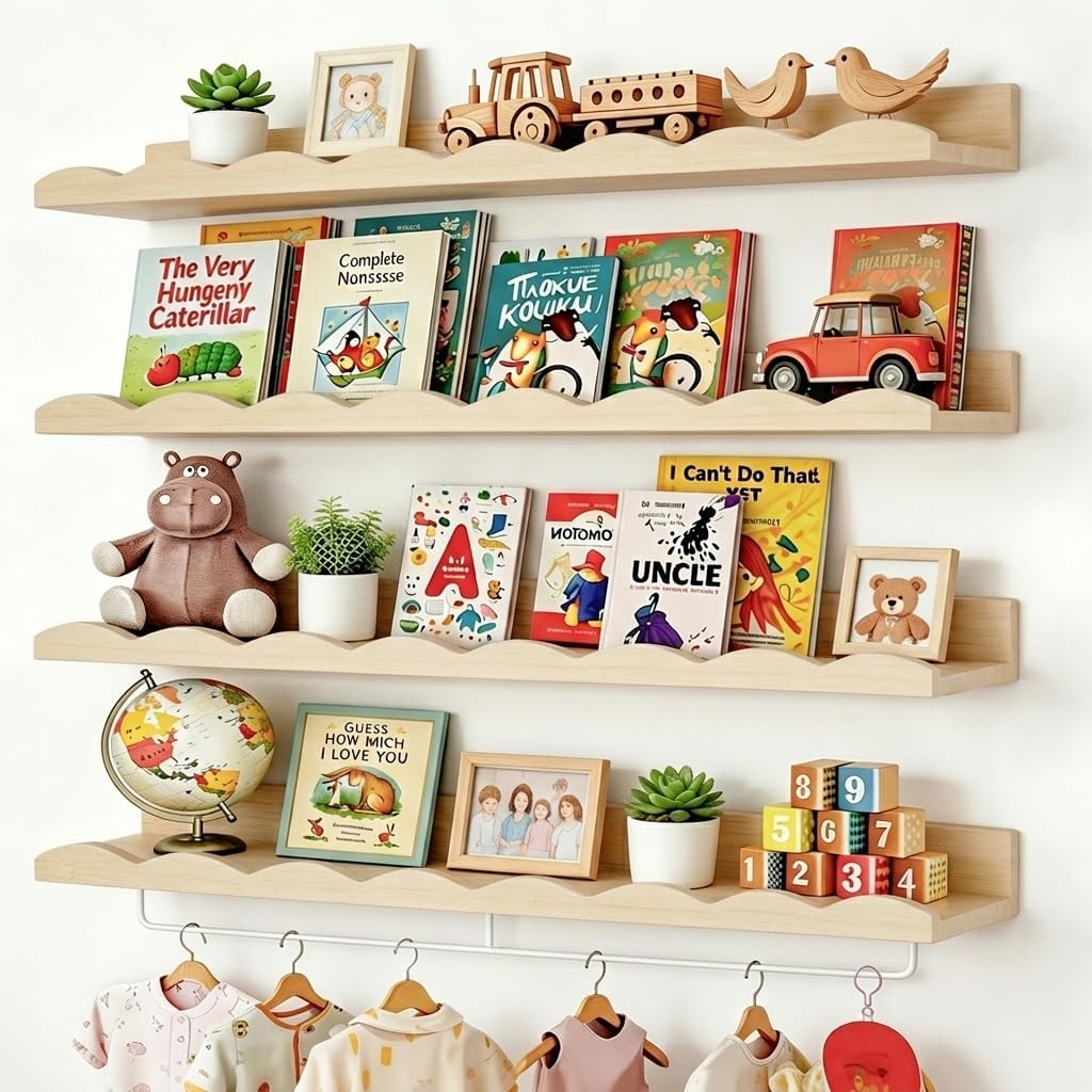 Fixwal Nursery Shelves, 24 Inch Floating Bookshelves for Wall Set of 4, Scalloped Wall Book Shelves with Towel Rack for Kids, Toddler Room, Baby Room, Nursery Decor and Storage(Natural Wood)