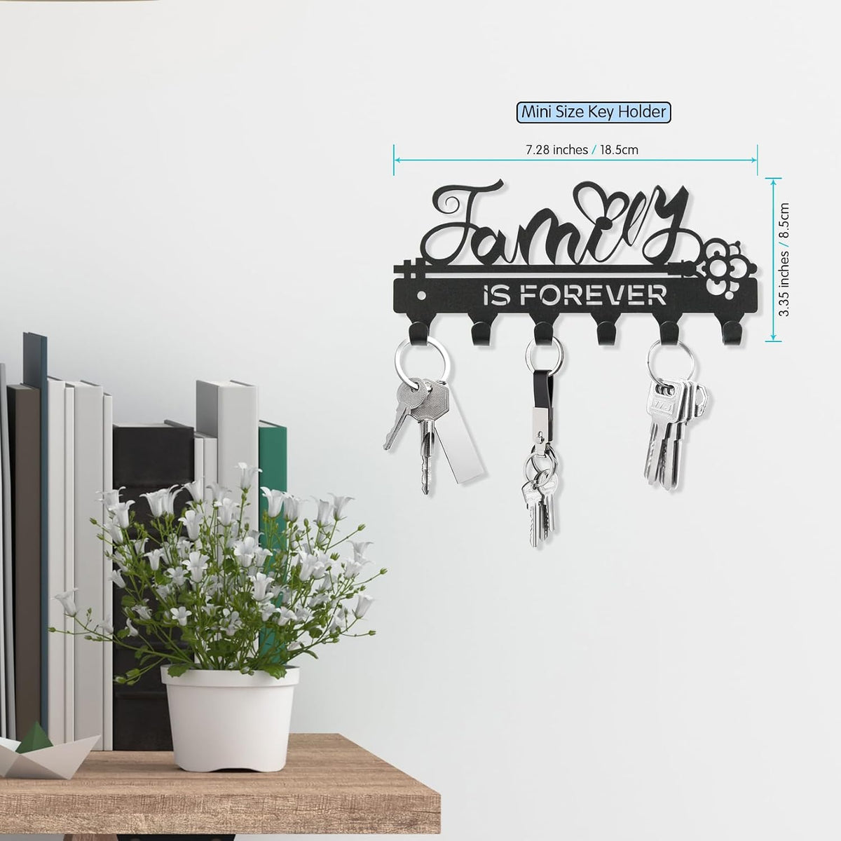 "Family Is Forever“Mini Key Holder Wall Mounted, Black Metal, 18.5x8.5cm