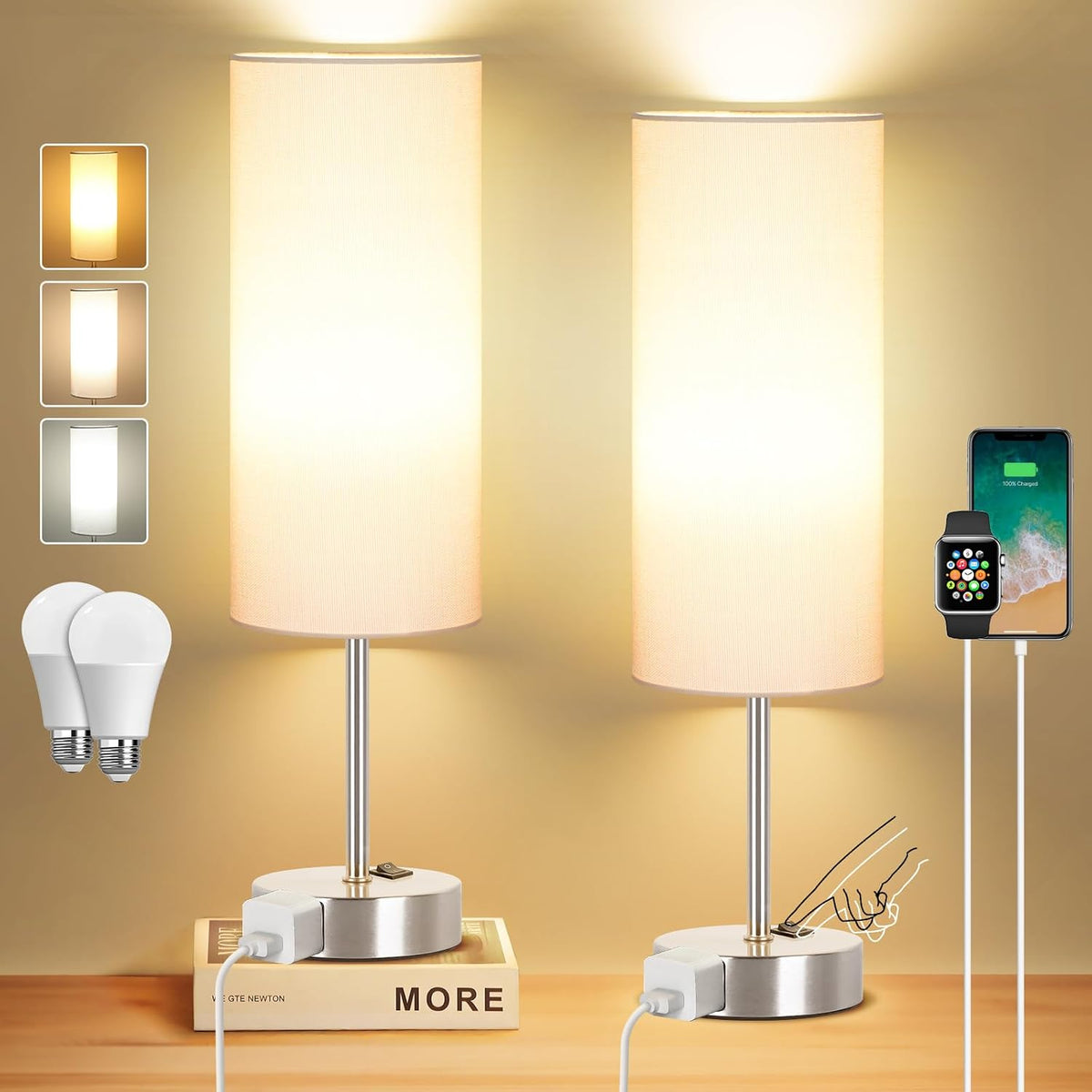 ZJOJO Table Lamp for Bedroom 2 Pack,18in Bedside Lamps with 3 Way Dimmable Rocker Switch & AC Outlet,Nightstand Desk Lamp with White Fabric Shade Nickel Basee for Living Room Home Decor Lights