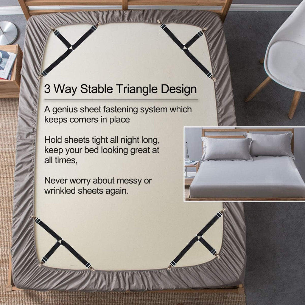 Bed Sheet Holders Straps Fasteners - 4 Pcs 3 Ways Sheet Fasteners Fitted Sheet Corner Grippers Holder Elastic Adjustable Sheet Clip Hooks Suspenders Straps(Black Triangle)