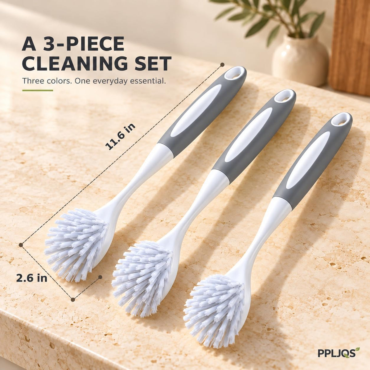 Dish Brush Scrub Brush with Handle - 3 Pack Stiff Bristles Dish Scrubber for Cleaning Dishes, Pots, Pans, Sink, Cast Iron - Hard Bristles,No Residue (Gray)
