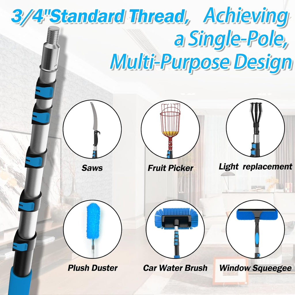 30FT Reach Window Squeegee Kit with Extension Pole, 2-in-1 Professional Washer for High Windows, 5-24FT Adjustable Reach, Rotatable Head for Indoor & Outdoor Use, Streak-Free Cleaning Tool for Home
