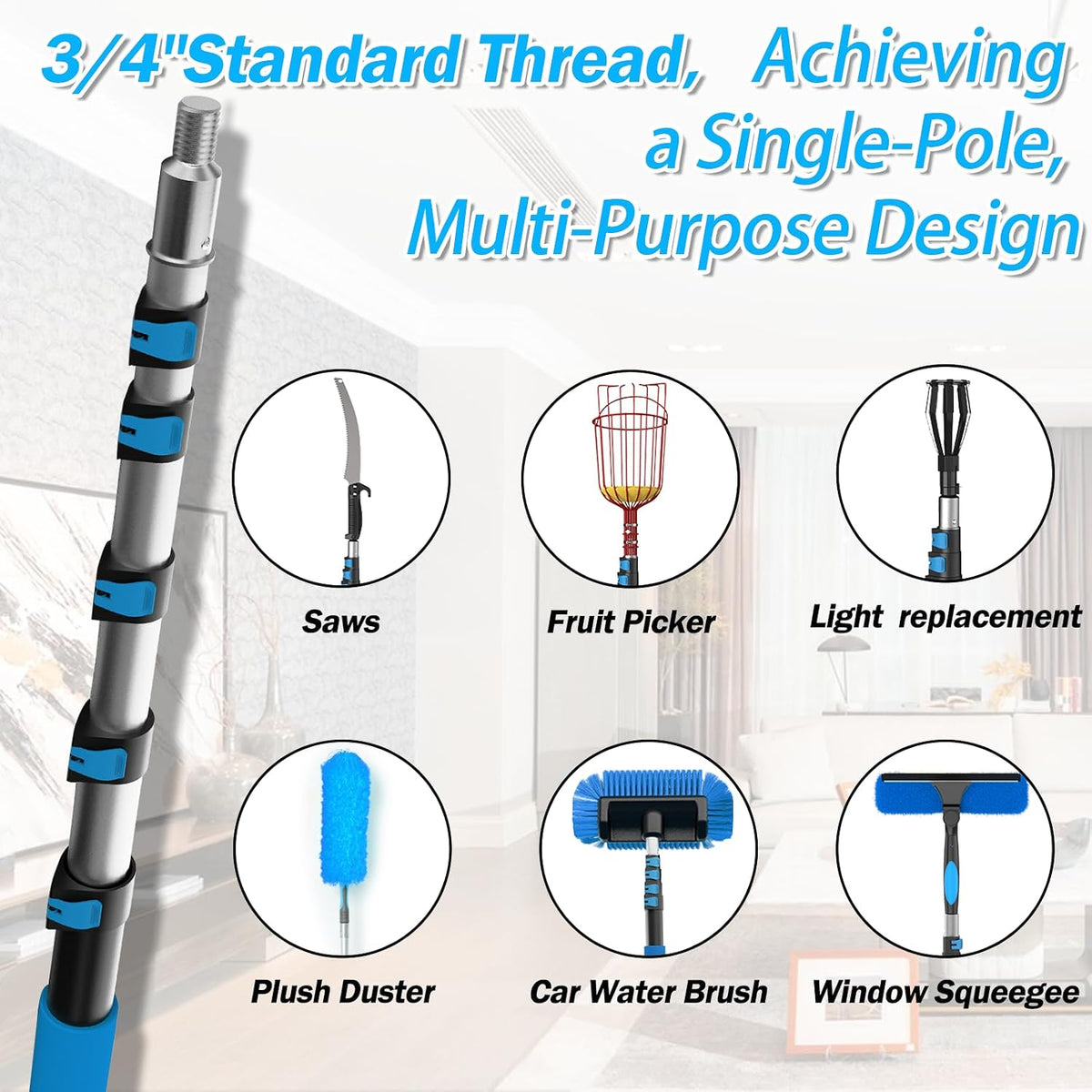 30FT Reach Window Squeegee Kit with Extension Pole, 2-in-1 Professional Washer for High Windows, 5-24FT Adjustable Reach, Rotatable Head for Indoor & Outdoor Use, Streak-Free Cleaning Tool for Home