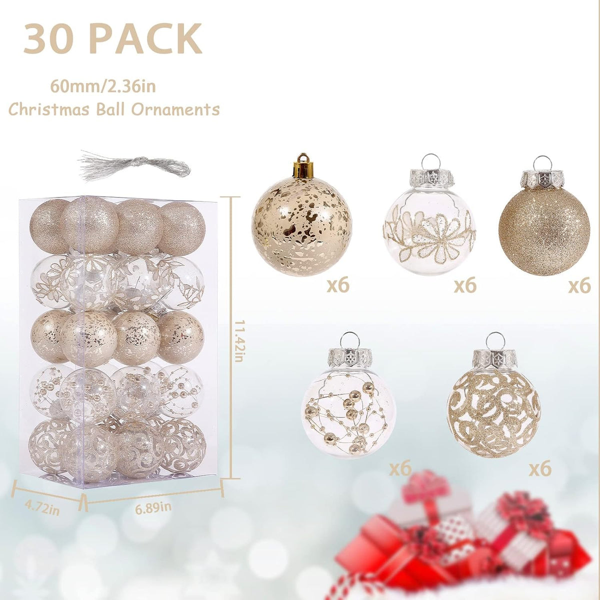 2.36" Clear Christmas Ornaments Set, 30ct Champagne Christmas Ornament Ball
