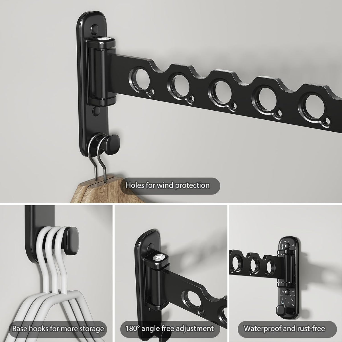 Wall Mounted Clothes Hanger Rack Foldable for Laundry Drying Rack Black
