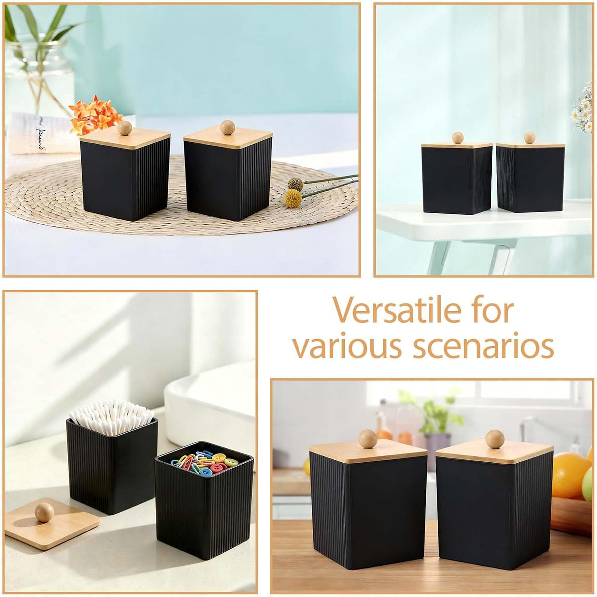 Cotton Round Holder 2Pcs Qtip Container with Lid, 3.77×3.14×3.14 Inches Black Acrylic Square Cotton Swab Holder with Bamboo Lid for Cottons Balls Swabs Floss Picks Canisters