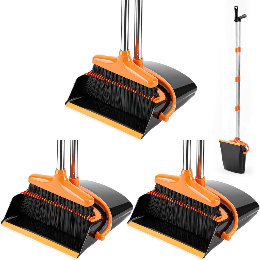3 Pack Commercial Broom and Dustpan Set, 37.5" Long Handle Combo for Home