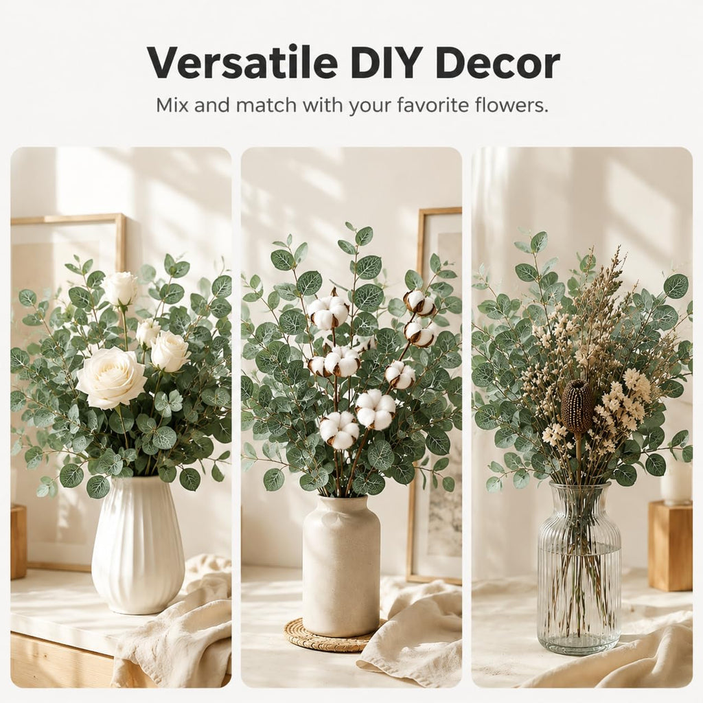 6pcs Eucalyptus Stems Greenery Stems Fake Green Leaves Artificial Silk Dried Flowers Bouquet Faux Branches Centerpiece Flores Plants for Home Party Decor Wedding Decoration