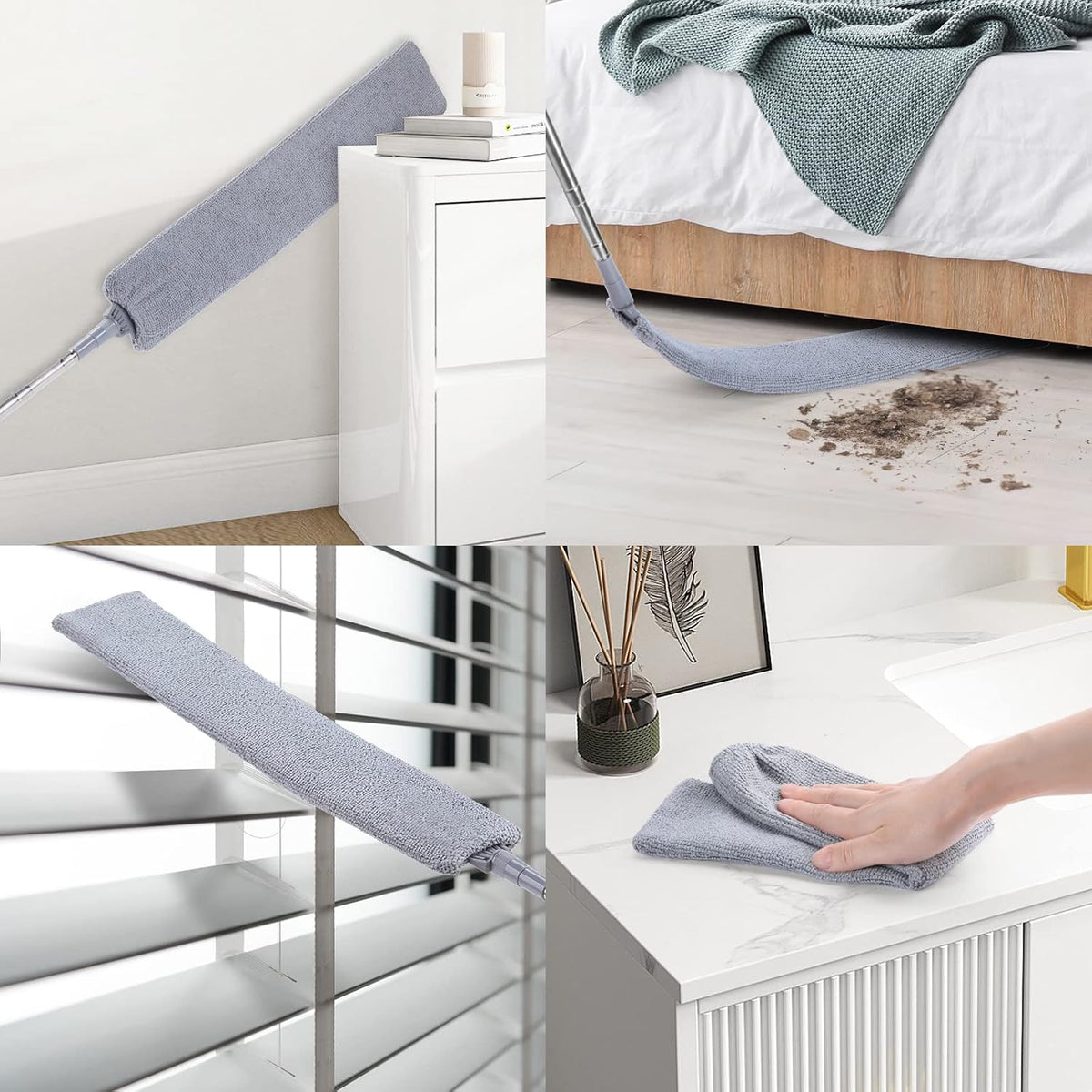 Retractable Gap Dust Cleaner, 3 Microfiber Cloths, 30-100 Inch Handle, Gray