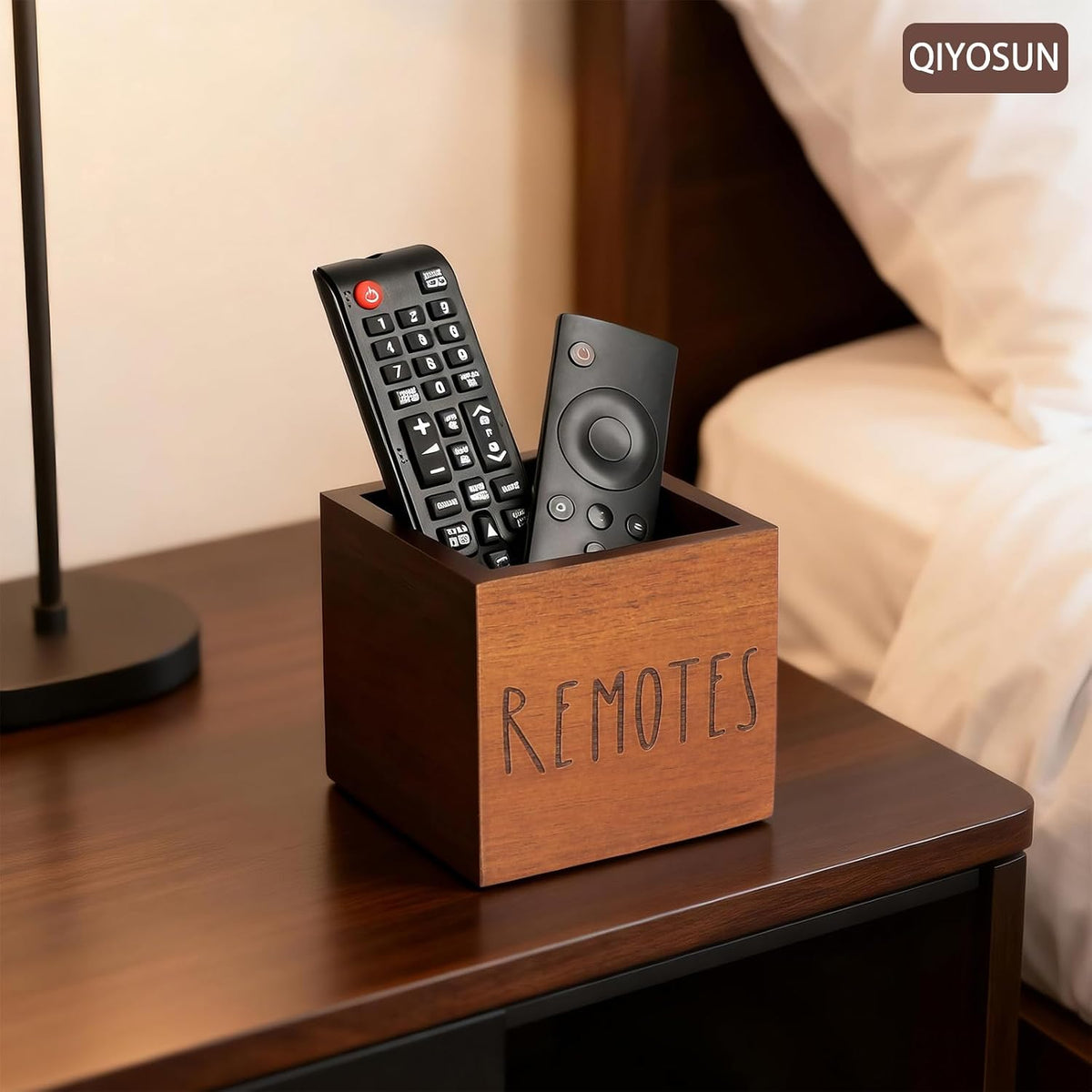 Remote Control Holder, Farmhouse Wood TV Organizer for Table, Wooden Remote Control Organizer, Remote Storage Caddy, Remote Control Organizer (Brown, 3.5 Inch-Labeled REMOTE)