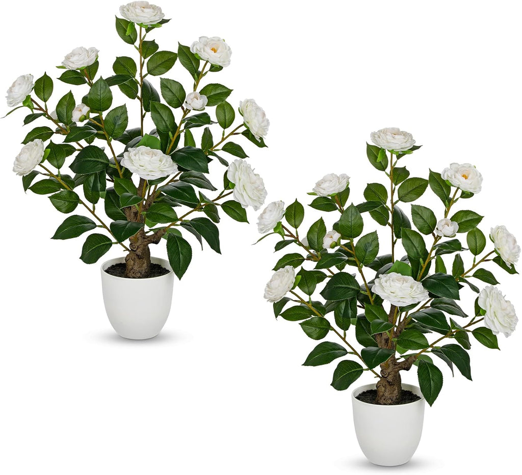 Hollyone White Artificial Camellia Tree 2Pcs Flower Plants Artificial Tree 23.6" Small Faux Camellia Plant in Pot Greenery Potted Plant for Indoor Outdoor Porch Front Door Office Home Decor