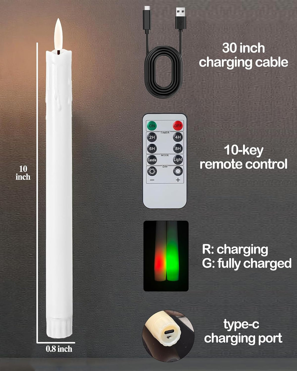 Gmnee 9.6" Taper Rechargeable Candles with Remote and Timer, White