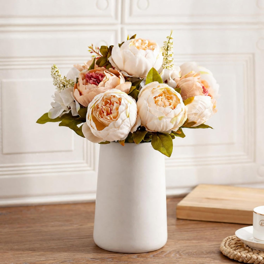 Queen Bee Silk Peony Bouquet with Ceramic Vase Included Large Size 14" Wedding Centerpiece Events Birthday Gift Bridal Baby Shower Floral Arrangement Artificial Fake Flowers (Champagne)