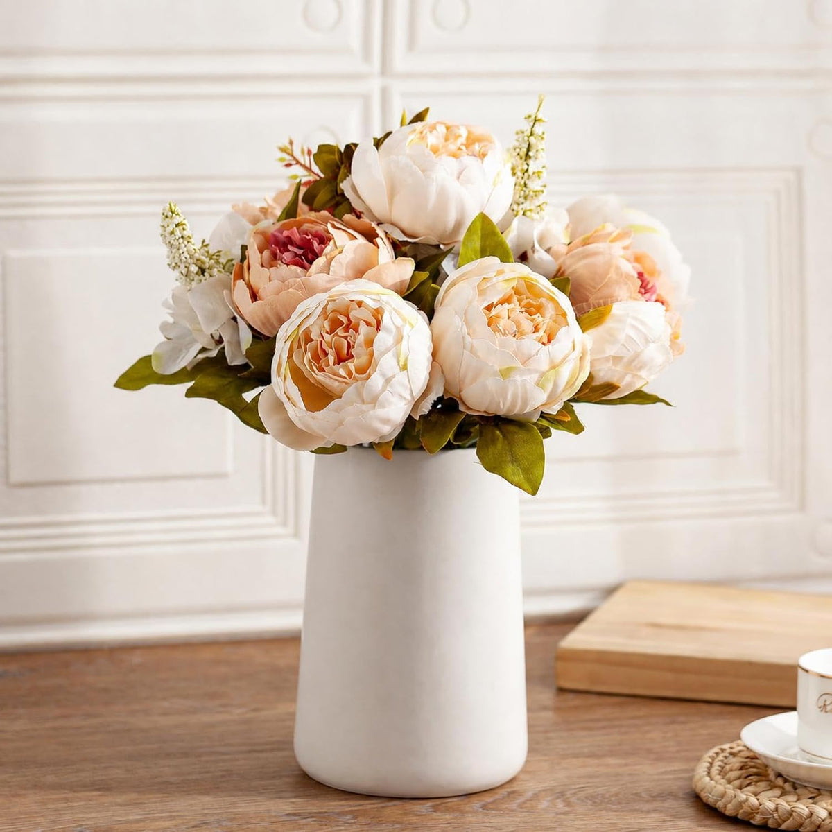 Queen Bee Silk Peony Bouquet with Ceramic Vase Included Large Size 14" Wedding Centerpiece Events Birthday Gift Bridal Baby Shower Floral Arrangement Artificial Fake Flowers (Champagne)