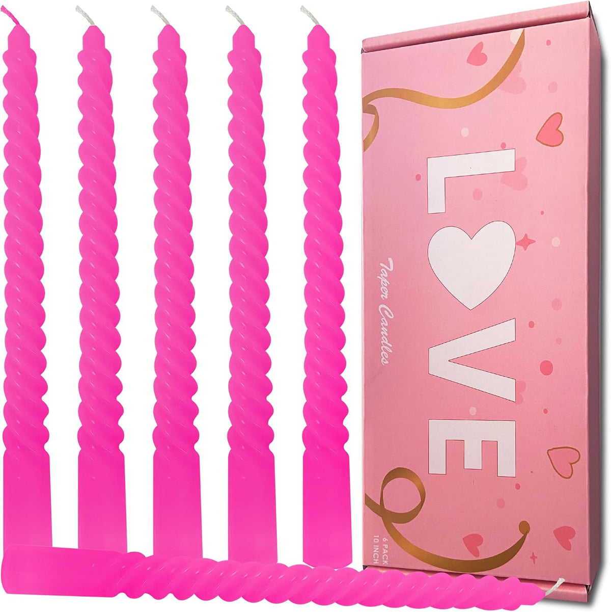 6 Pack Hot Pink Taper Candles, Rosy Pink Spiral Taper Candles