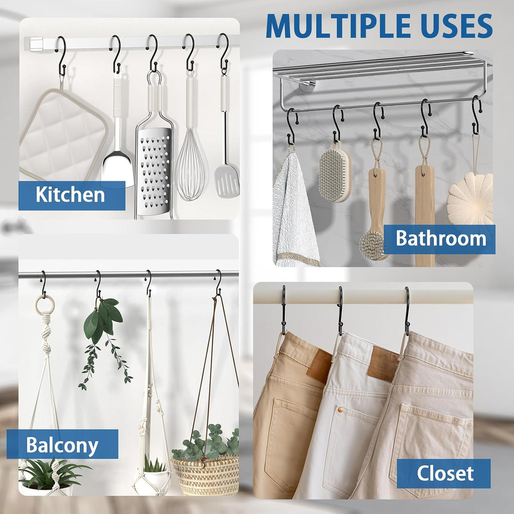 Goowin Metal Black Shower Curtain Hooks Rings, S Shape Metal Shower Curtain Rings Rust Proof Shower Curtain Hangers, Heavy-Duty Multi-Functional Shower Hooks for Shower Curtain, Black, 12 Pack