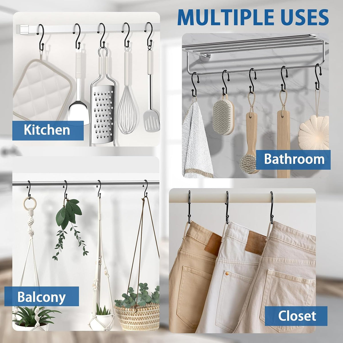 Goowin Metal Black Shower Curtain Hooks Rings, S Shape Metal Shower Curtain Rings Rust Proof Shower Curtain Hangers, Heavy-Duty Multi-Functional Shower Hooks for Shower Curtain, Black, 12 Pack