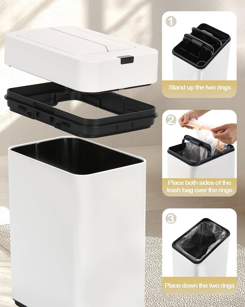 ELPHECO Slim Bathroom Trash Can with Lid 2.6 Gallon Smart Trash Can White