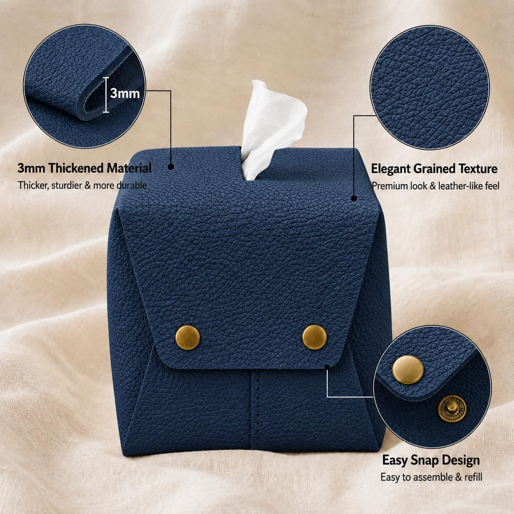 Grained Faux Leather Tissue Box Cover Square, Navy Blue
