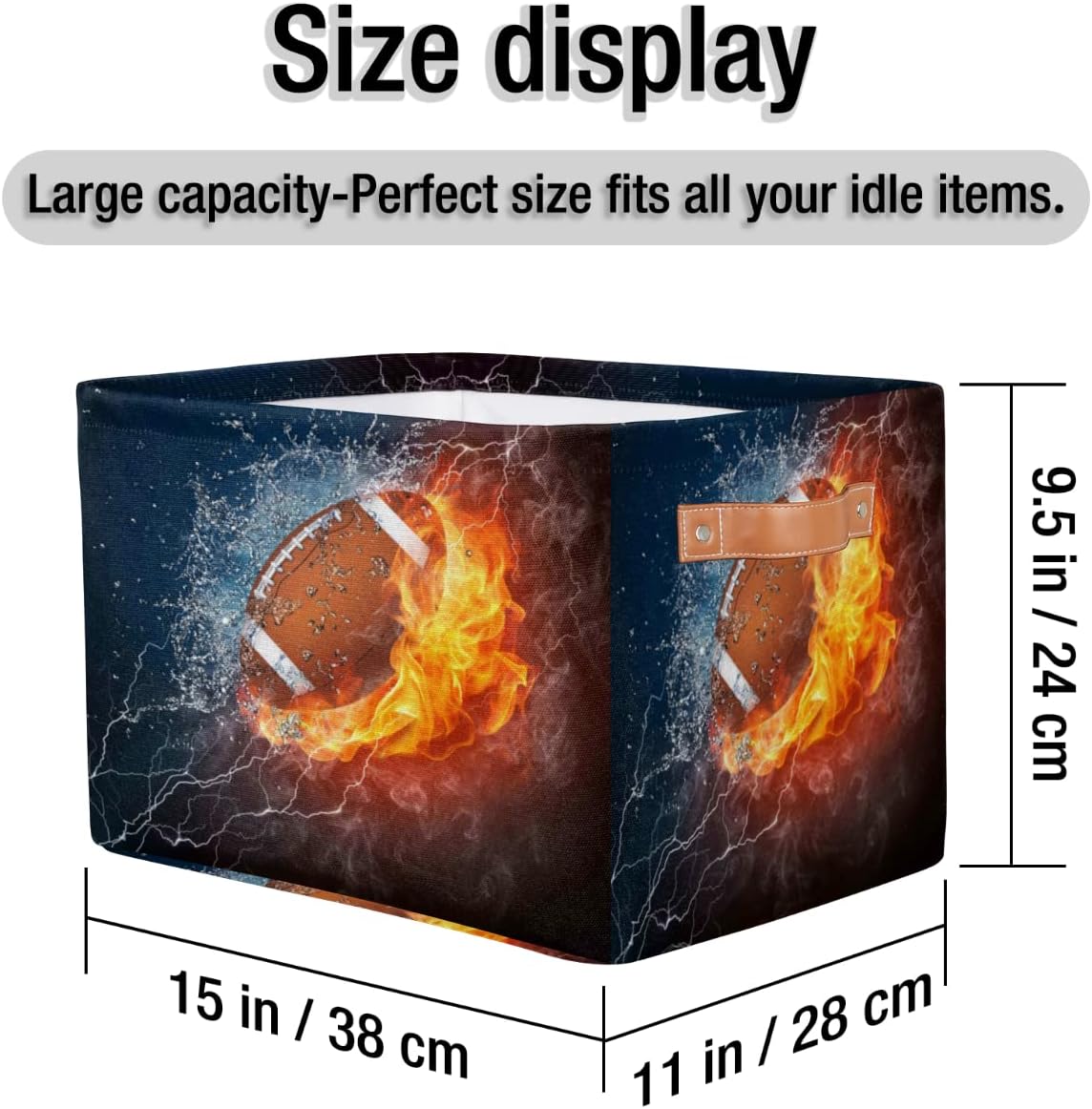 Large Storage Baskets for Organizing Shelves Sport Ball American Football Foldable Cube Storage Bins with Handles Rectangle Fabric Closet Organizers for Home Toys Clothes, 1 Pack
