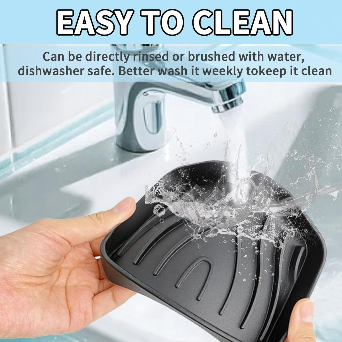 2 Pack Silicone Soap Dish with Drain, Self Draining Bar Soap Holder for Shower, Silicone Dish Soap Tray, Bathroom and Kitchen Sink Organizer, Black