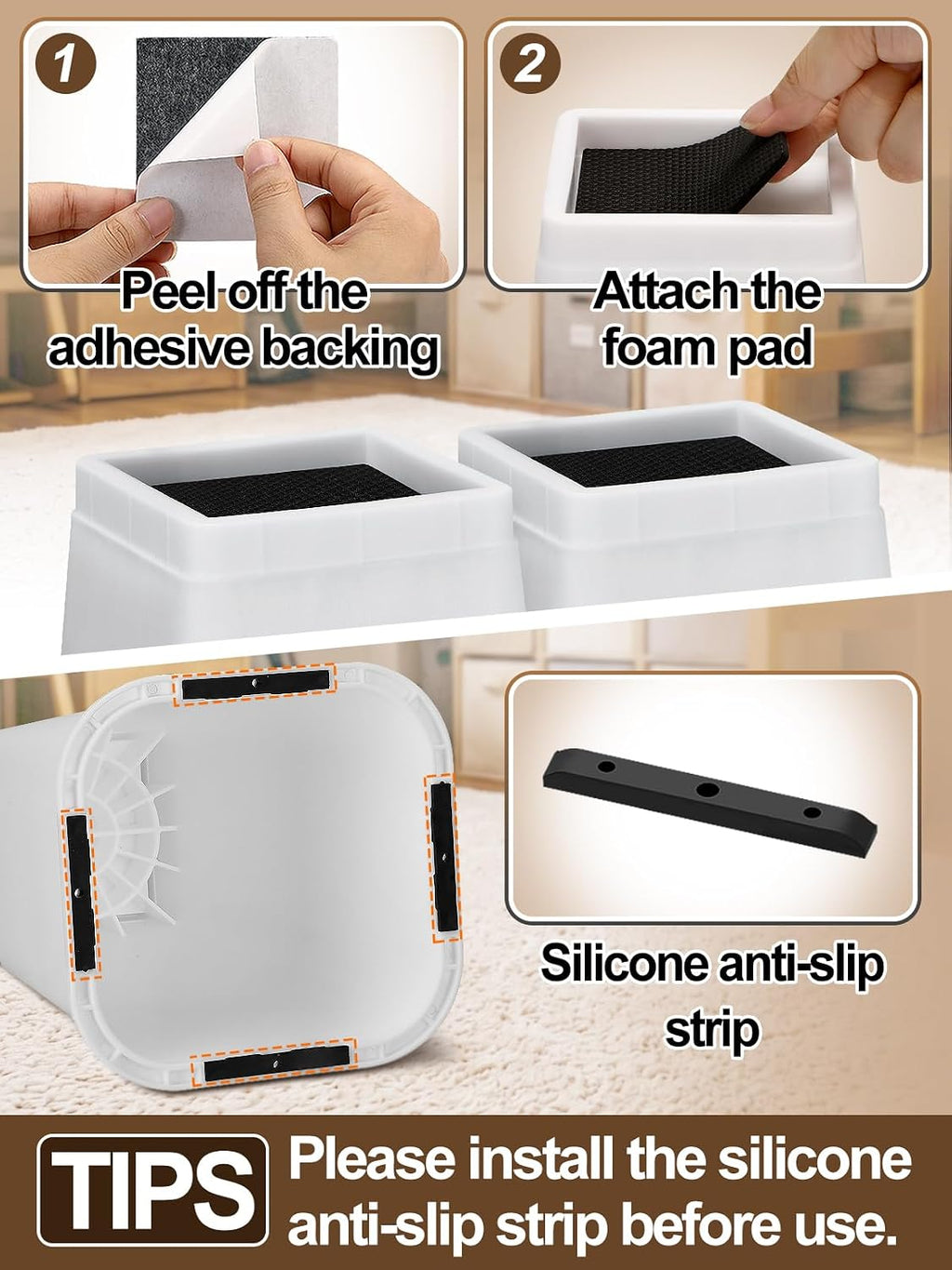 Bigmeta 8" Stable Bed Risers for Dorm Twin XL - White, 4 Pcs