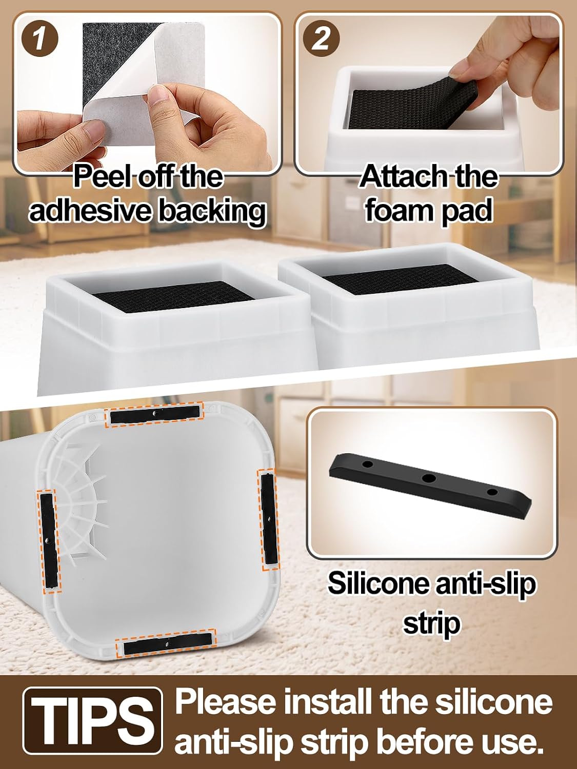 Bigmeta 8" Stable Bed Risers for Dorm Twin XL - White, 4 Pcs