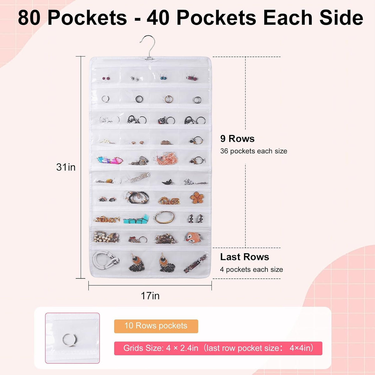 Hanging Jewelry Organizer, Dual Sided Closet Earring Storage with Hanger, 80 Clear Pockets Storage for Jewelry Necklaces, Bracelets (White)
