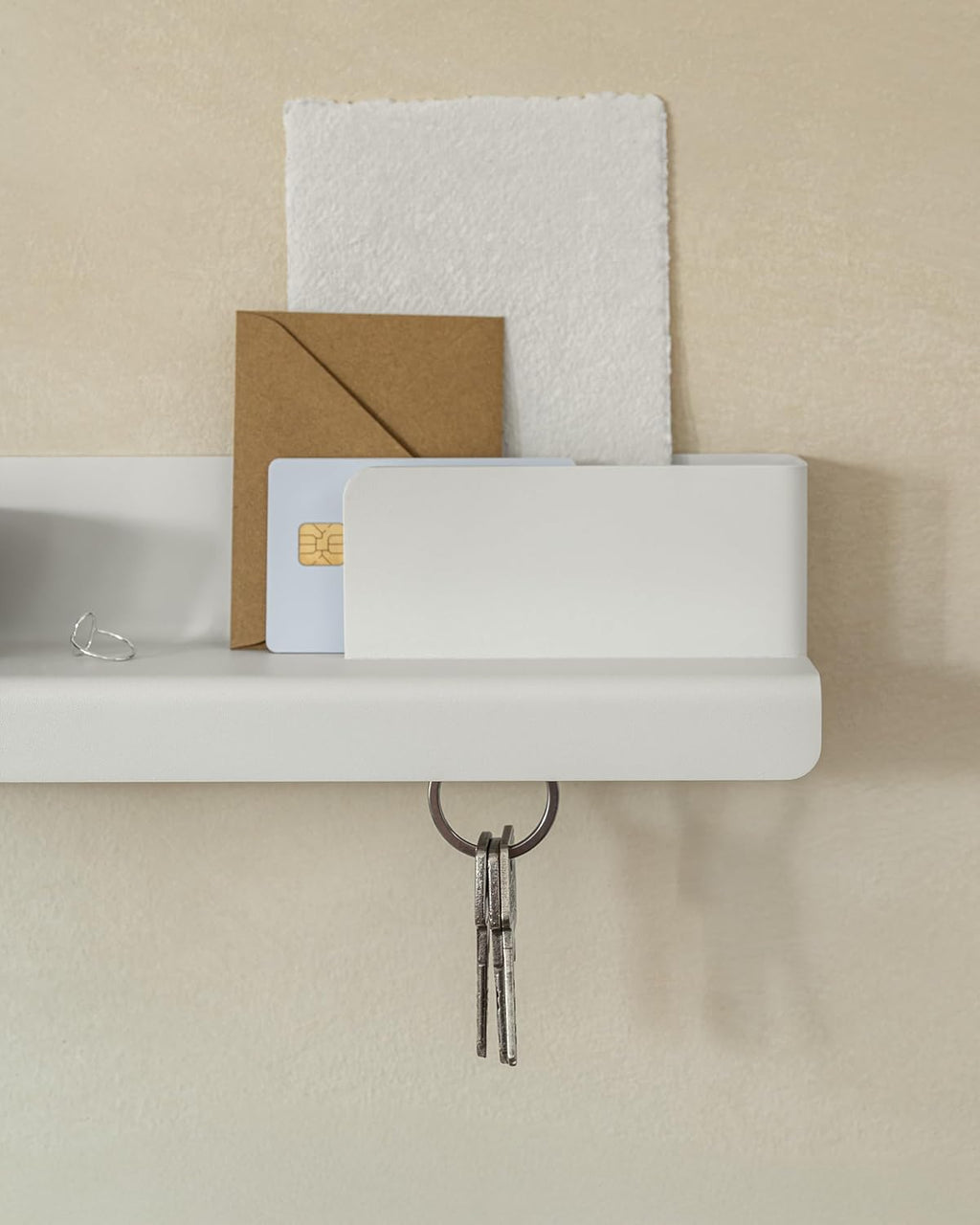 Kazai. Key Holder for Wall 'Holmsen' | Minimalist Key Hooks Design from Berlin | Modern Key Hanger with Metal Shelf | Key Hook Wall Mounted as Hallway Furniture | White