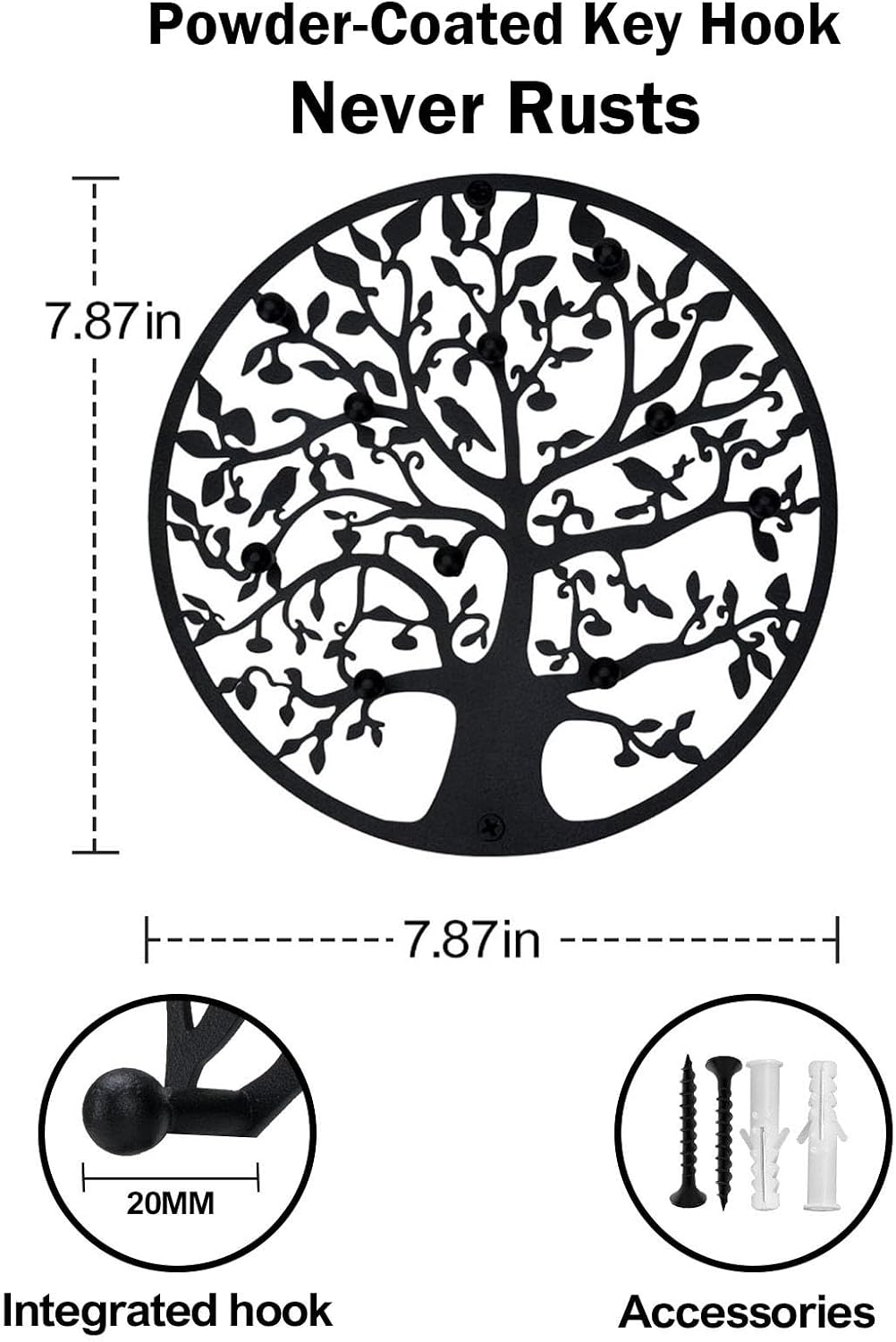 Round Decorative Home Key Holder Wall Mount, Metal Tree Car Key Rack for Wall Organizer for Keys, Wallets, Hats, Used for Decor for House Entryway, Kitchen, Garage, Office (8" Black)