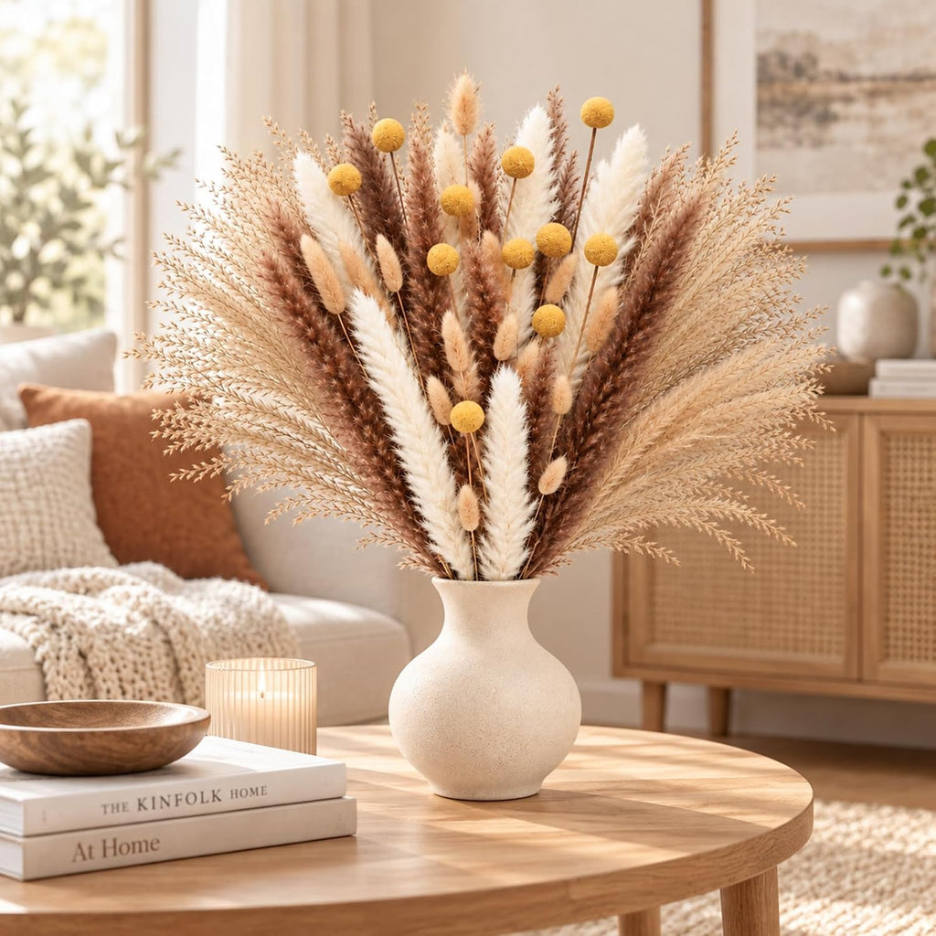 100PCS Boho Flowers Bouquet 17inch Natural Dried Pampas Grass for Vase