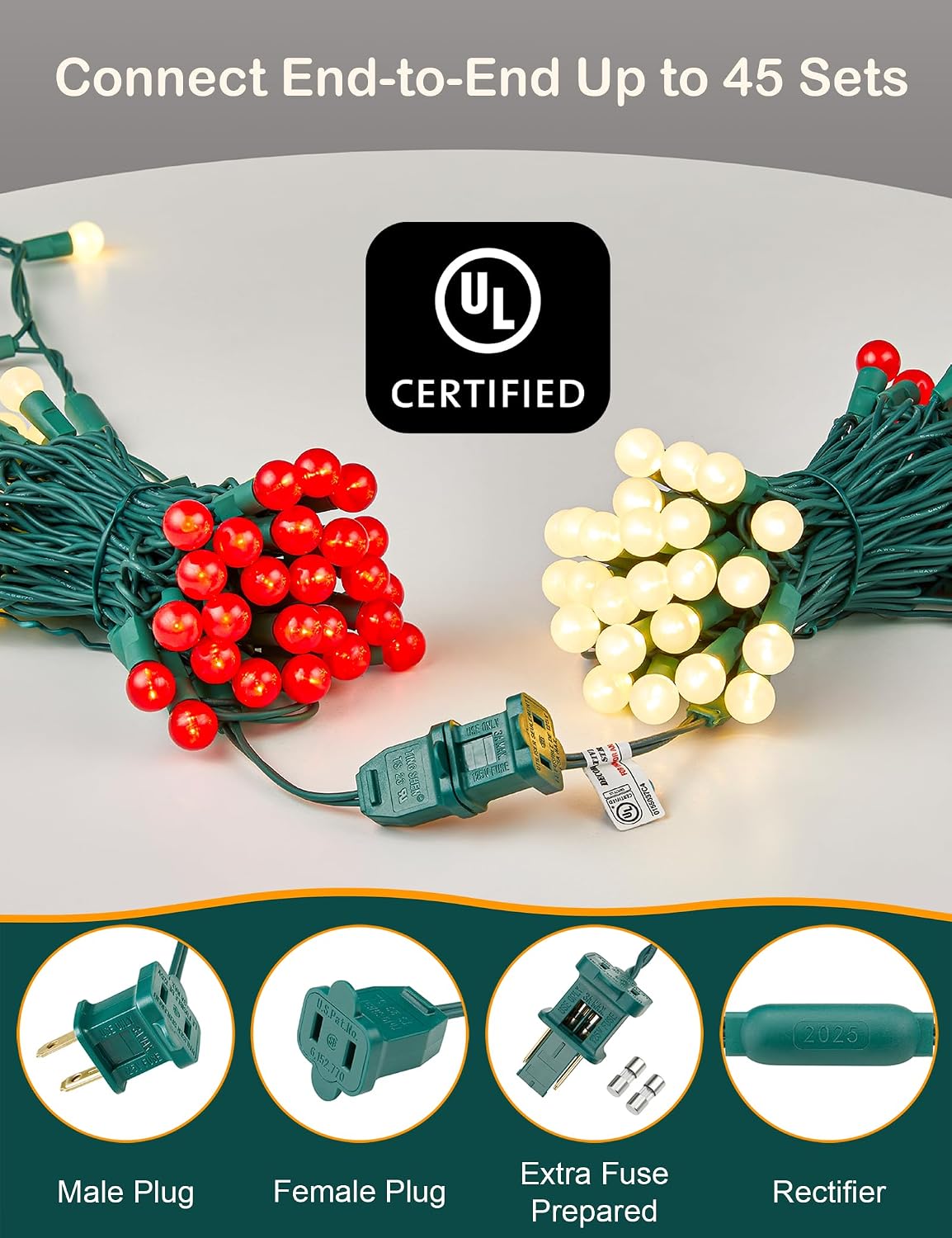 BOHON Red and White Christmas Lights 17FT 50 LED G15 Globe String Lights
