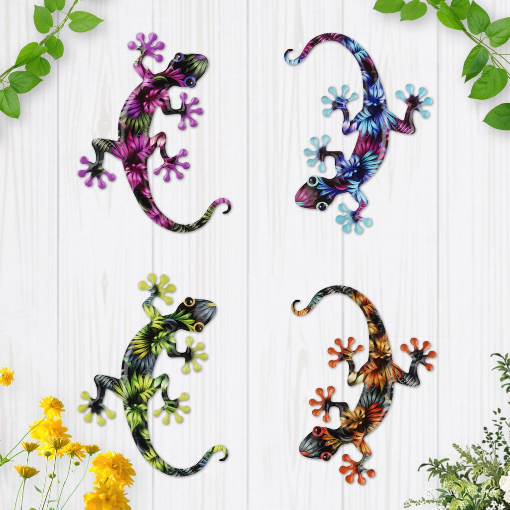 Junware 4 Pcs Metal Gecko Wall Art Outdoor Decor Metal Lizards Wall Decor Lizard 8.7 * 11.8 Inch Suitable for Hanging in Yard Garden Patio Fence Home, Idea Gifts for Mom Father Friends