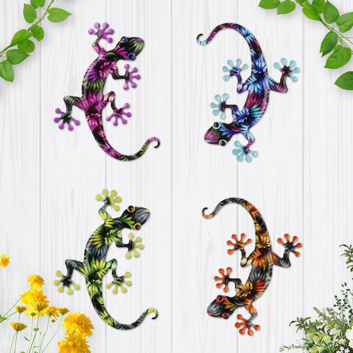 Junware 4 Pcs Metal Gecko Wall Art Outdoor Decor Metal Lizards Wall Decor Lizard 8.7 * 11.8 Inch Suitable for Hanging in Yard Garden Patio Fence Home, Idea Gifts for Mom Father Friends