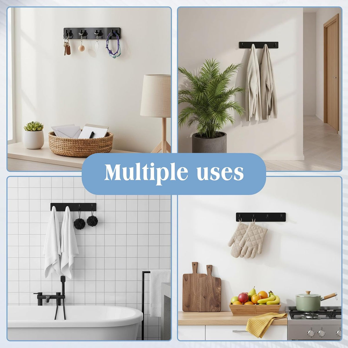 1 Pcs Adhesive Key Holder for Wall Acrylic with 4 Hooks, Black