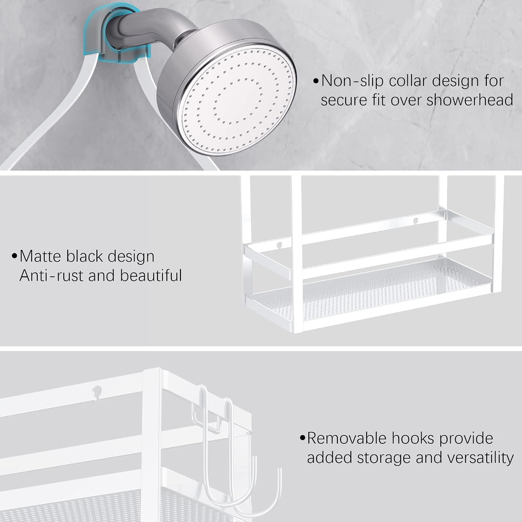 Meangood Shower Caddy 10.4" x 4.5" x 22.04" Hanging Shower Caddy Organizer Over Shower Head Big Capacity for Shampoo, Conditioner with Hooks for Razor/Sponge, White