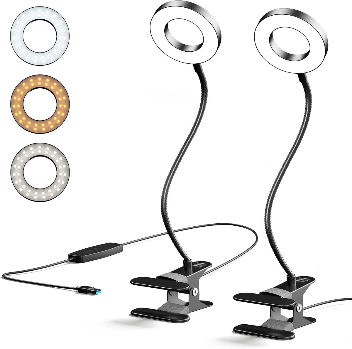 LED Desk Lamp Clip on Light with 3 Color Modes 10 Brightness Ring/Clamp Light 360° Adjustable Neck Dimmable Eye Protection Desk Lamps for Home Office (2 Pack Clip Lamp)