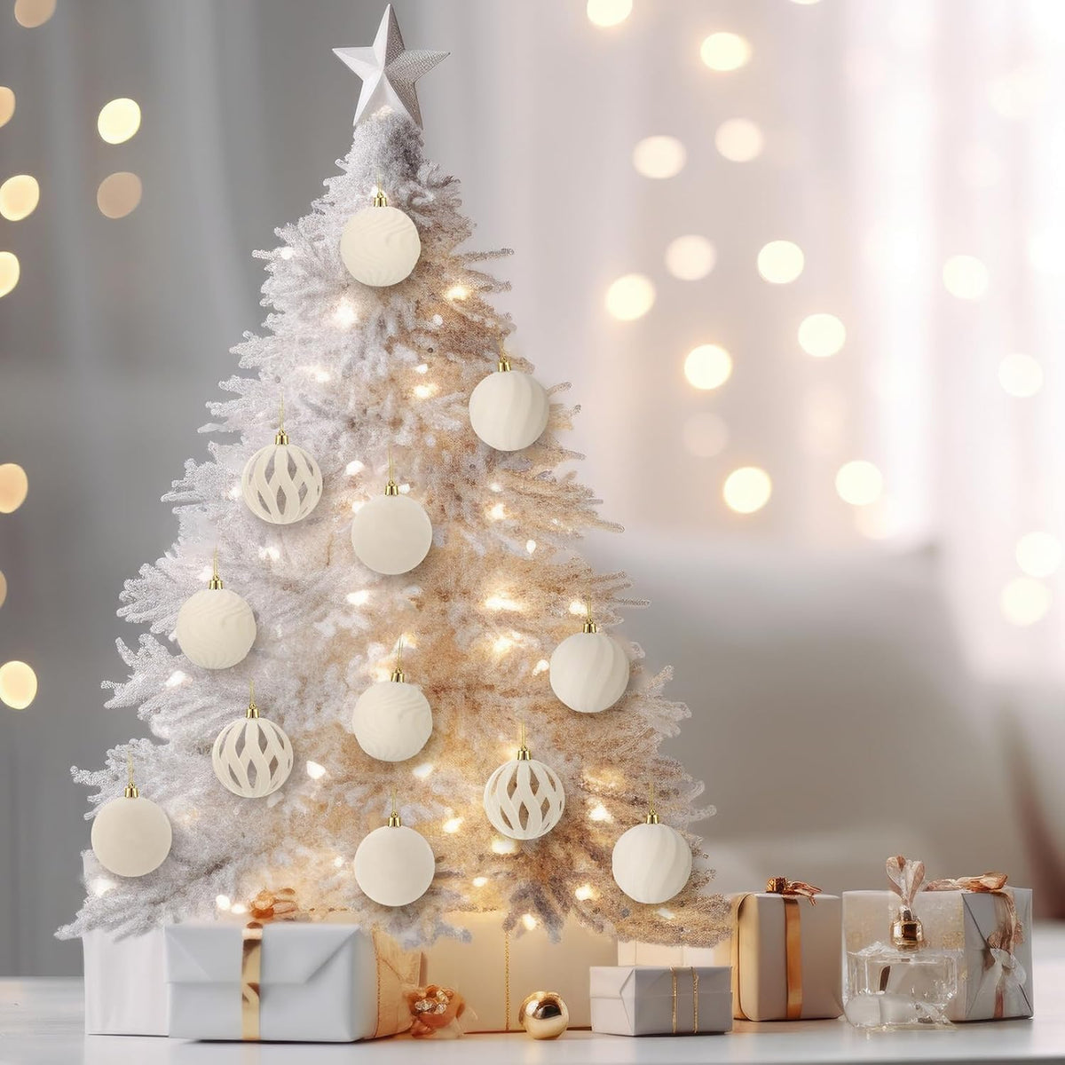 12Pcs 3.15in Velvet Cream Christmas Tree Balls Ornaments (Cream White)