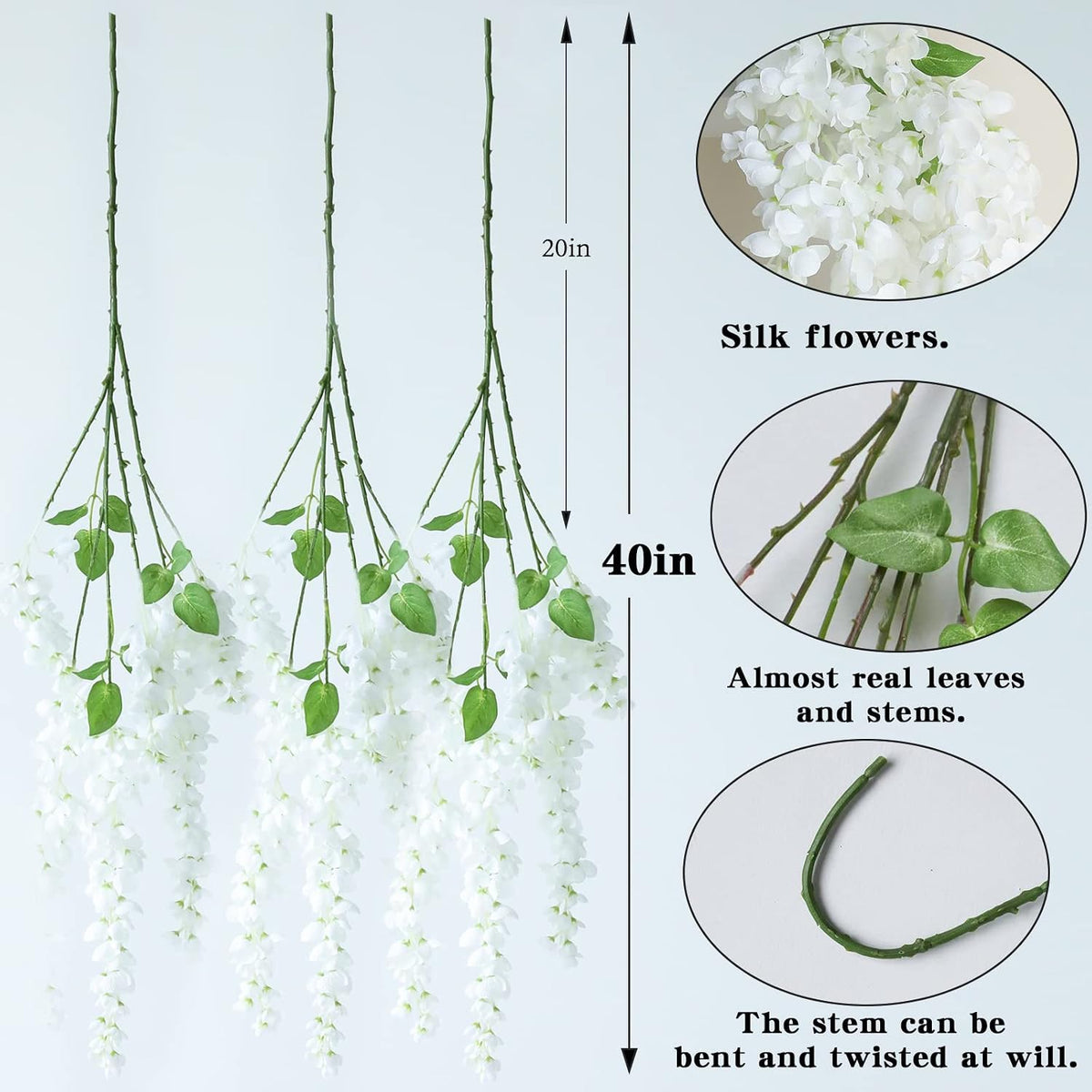 Dailisen 3 Strands 40'' Silk White Wisteria Artificial Flowers, Fake Wisteria Floral Hanging Plant Garland, for Home Decor, Party, Floor Vase, Balcony, Wedding Arrangement Decoration (White)