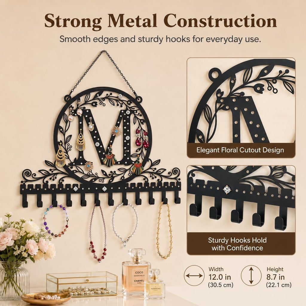 Personalized Wall Mounted Metal Initial Letter M Earring Holder Jewelry Organizer for Earrings and Necklaces Space Saving Wall Display with Hooks Jewelry Storage Bedroom Vanity Gift for Women