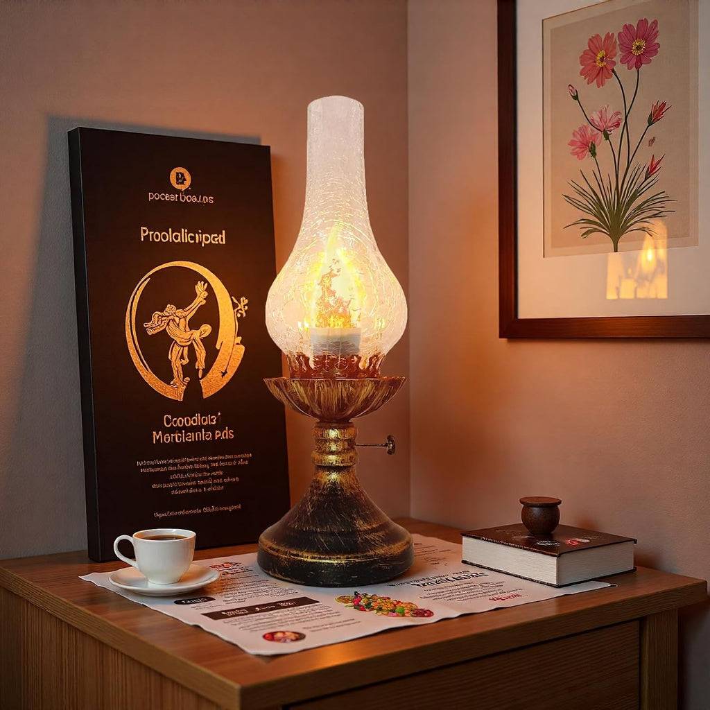 Vintage Table Lamp - 3 Modes Dimmable Retro Rustic Desk Lamp with Crackle Glass Shade, Antique Victorian Style, E26 Bulb Included, Ideal for Bedroom, Living Room, Home Decor (Transparent-Gold)