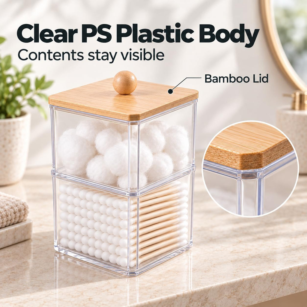 Cotton Ball Holder, Bamboo Lid, Double Layer, Stackable