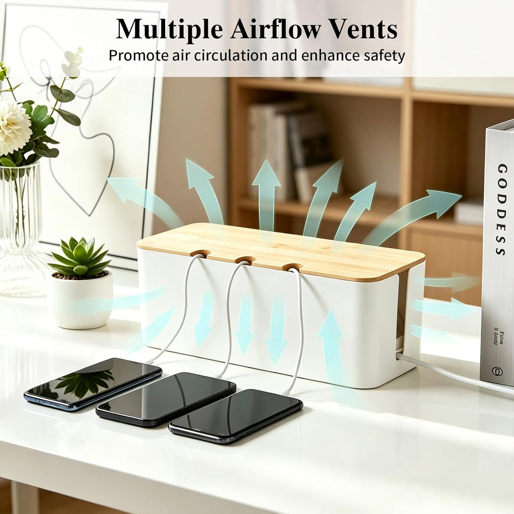 2Pack Cable Management Box,Wooden Style Cord Organizer Cord Hide Box,White