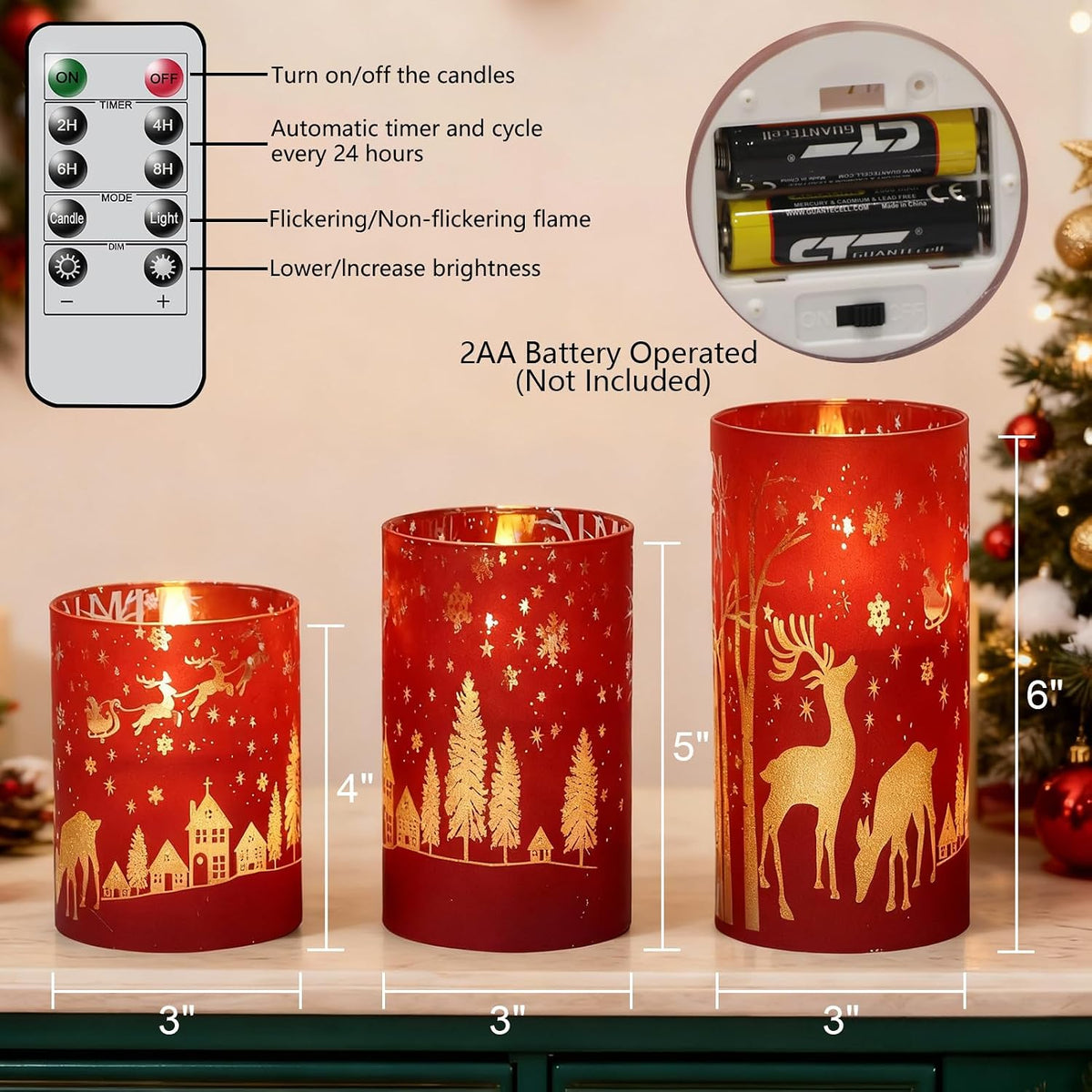Red Christmas Flameless Candles Battery Operated with Remote Timer