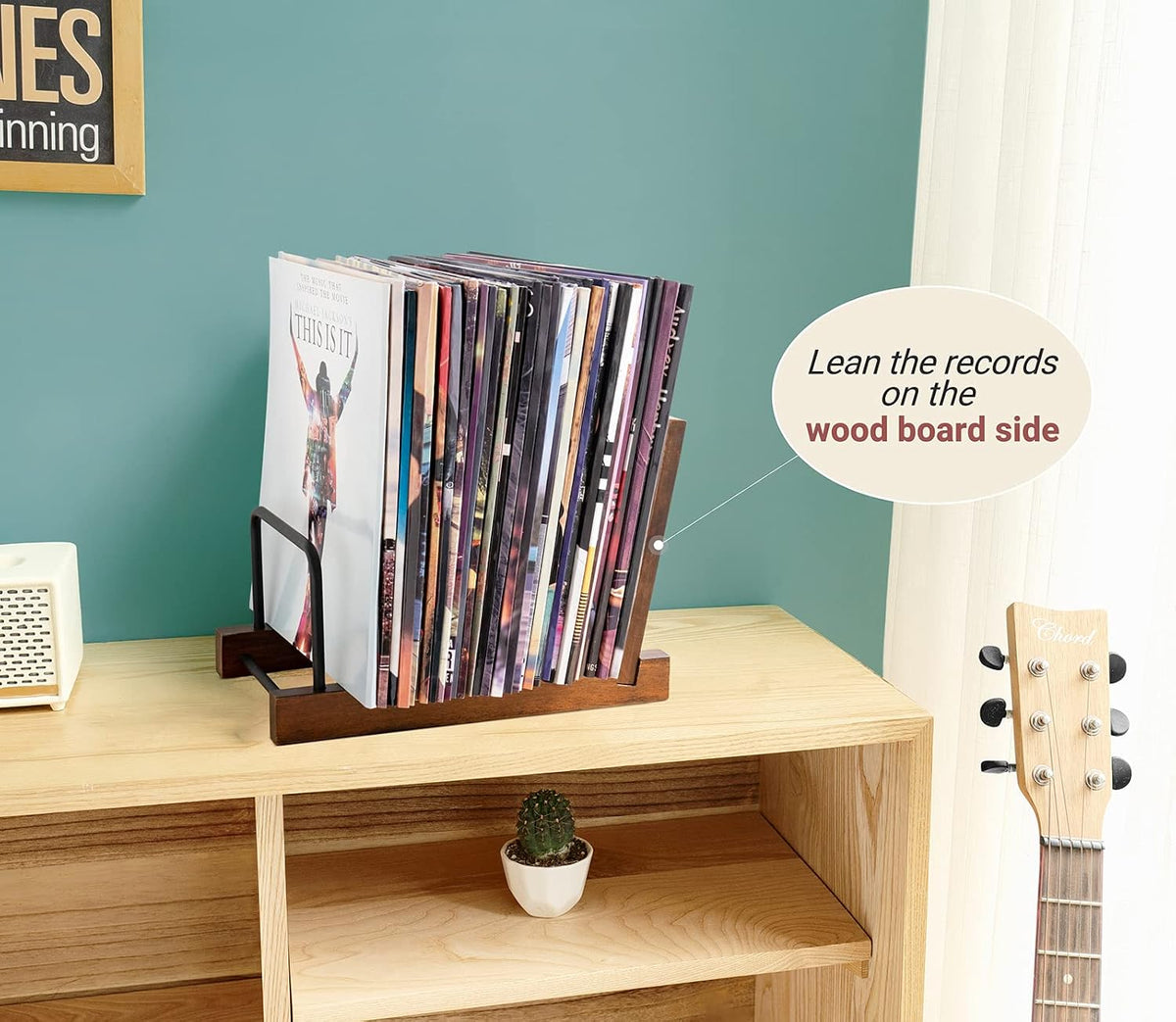 Mkono Vinyl Record Storage Holder Modern Album Display Solid Wood Stand with Black Metal Rack Farmhouse Home Decor Organizer for Vinyl Record, Holds up to 30 Albums, 11.8''L x 7''W x 8.7''H, Brown