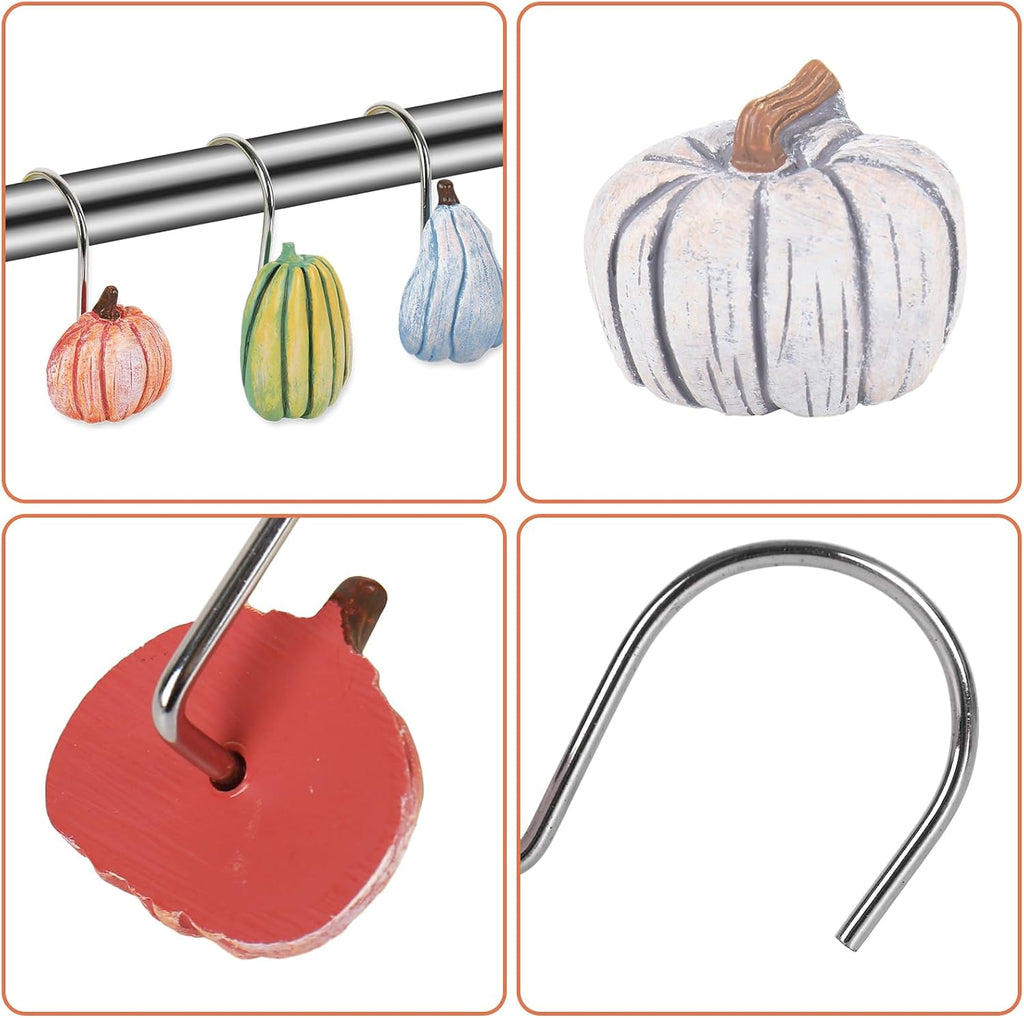 JarThenaAMCS 12 Pcs Fall Pumpkin Shower Curtain Hooks 4 Designs Curtain Hanger Hooks Autumn Thanksgiving Shower Rod Rings for Living Room Bedroom Bathroom Decor