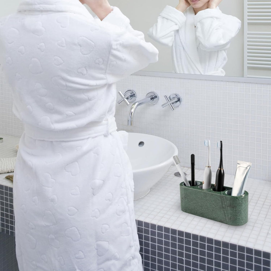 BCS Toothbrush Holder for Bathrooms, 4 Slots Open-Bottom Marble Toothbrush and Toothpaste Holder Stand Bathroom Organizer Countertop for Electric Toothbrush, Floss, Razor, Comb - Italy Green